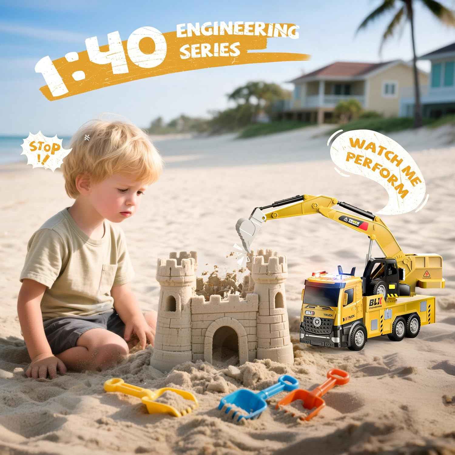 4pcs alloy construction truck toys, 9 inch light & sound vehicles for 2-4 year old boys, toddler kids gifts