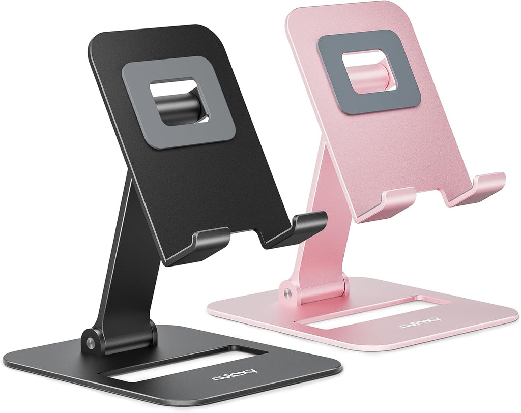Nulaxy 2 Pack Dual Folding Cell Phone Stand, Fully Adjustable Phone Holder for Desk, Compatible with iPhone 17 16 15 14 13 12 11, Nintendo Switch, All Phones, Black & Rose Gold
