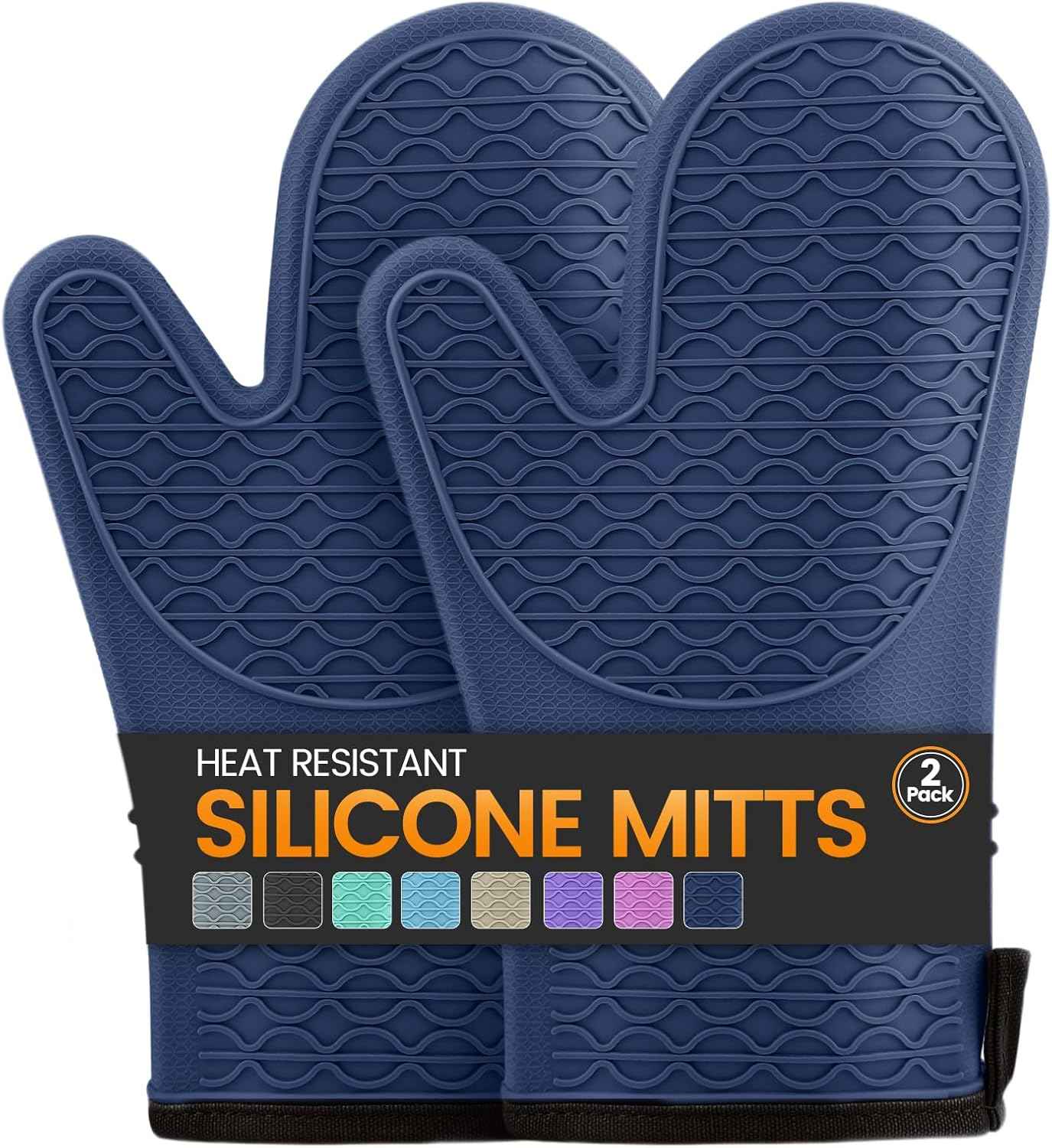 Silicone Oven Mitts, Heat Resistant 2PCS Oven Mitts with Soft Cotton Lining, Waterproof Non-Slip Grip Oven Glove, Kitchen Potholder Mits for BBQ, Baking, Cooking, 12.5 Inch - Grey