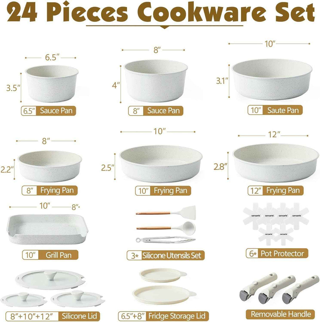 SENSARTE 24-piece non-stick cookware set with detachable handle, induction compatible, RV safe, dishwasher and oven safe (white)