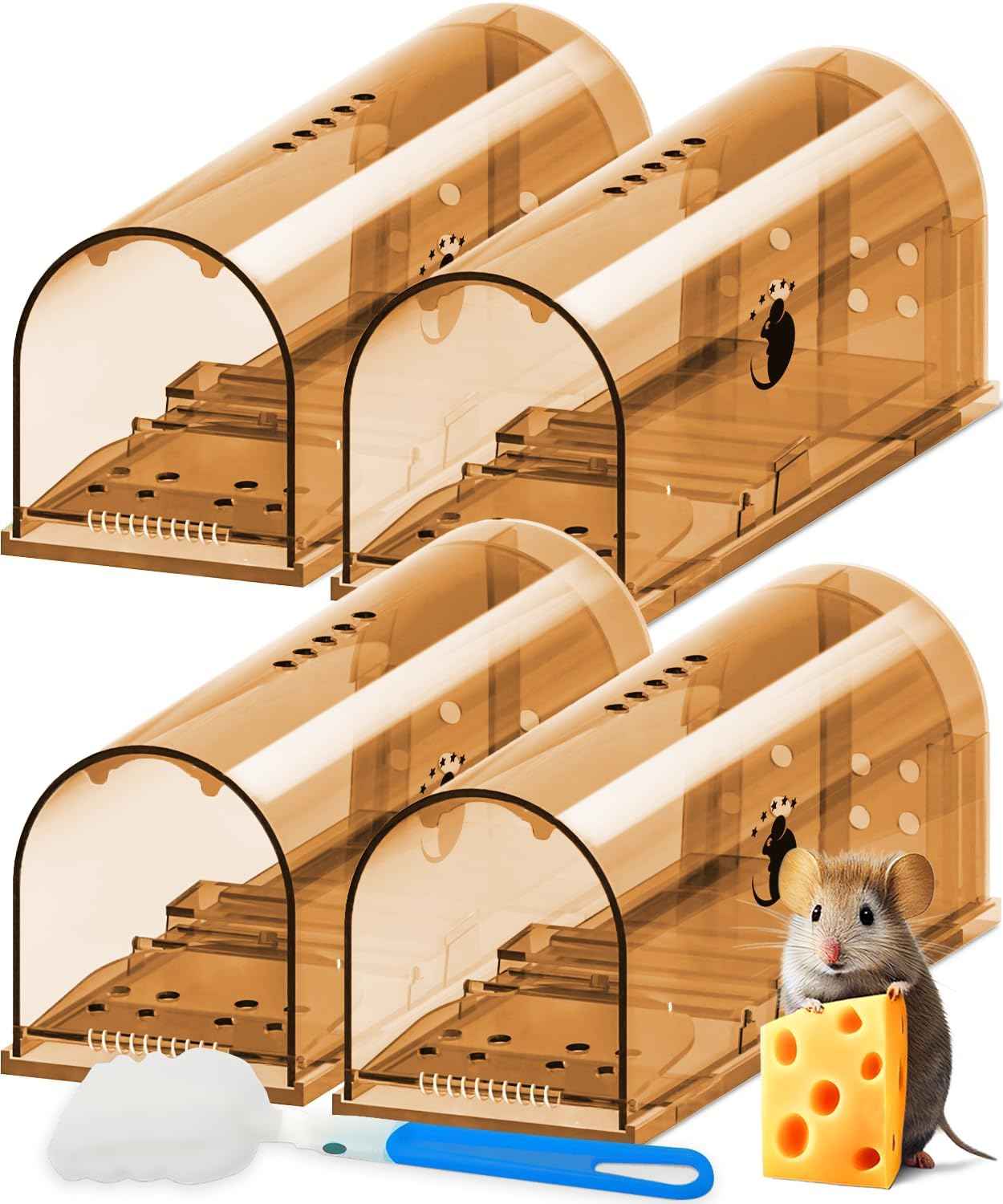 Motel Mouse Humane No Kill Live Catch and Release Mouse Traps, Reusable with Cleaning Brush - 4 Pack