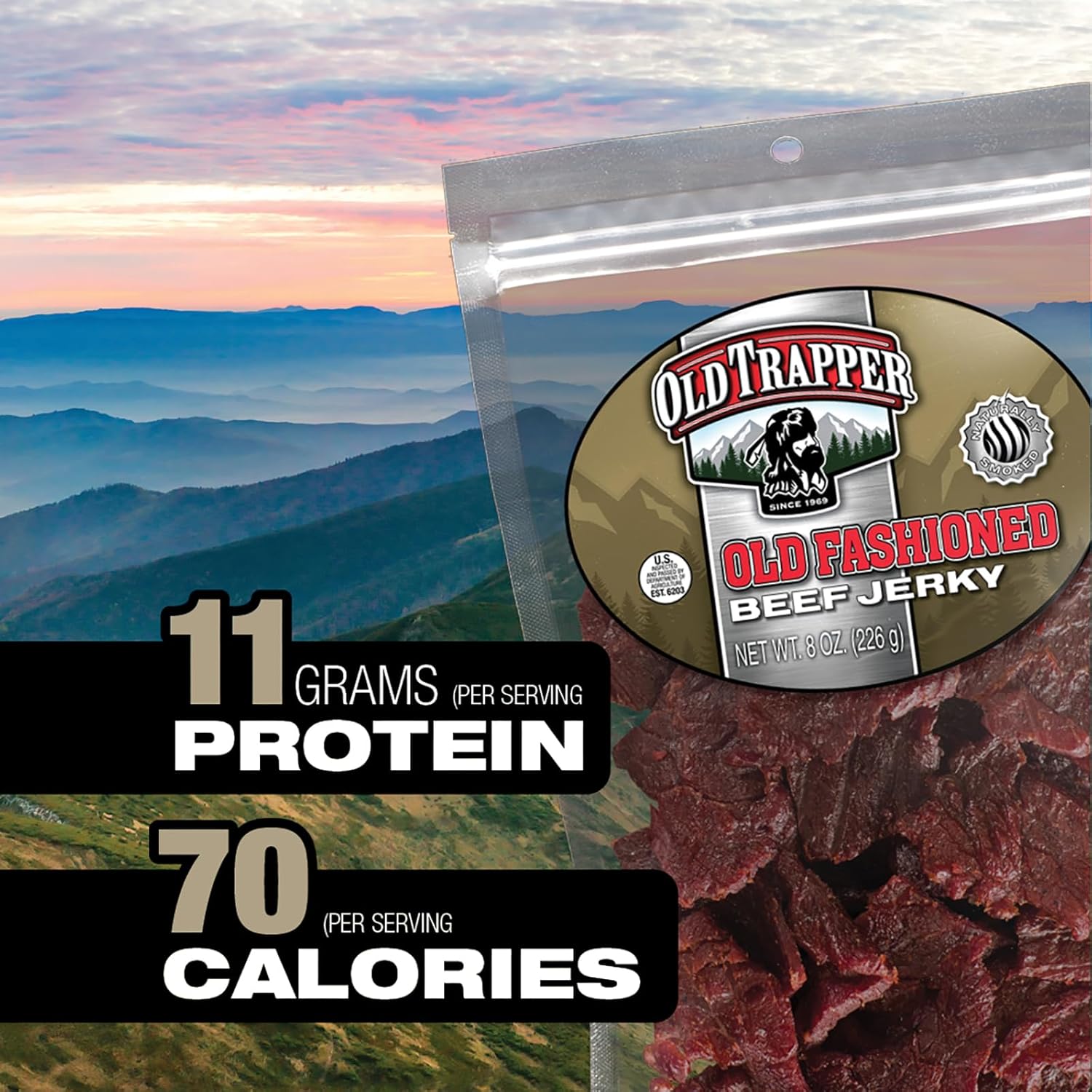 Old Trapper old fashioned beef jerky, tender meat snacks with 11 grams of protein, zero grams of fat, and 70 calories per serving