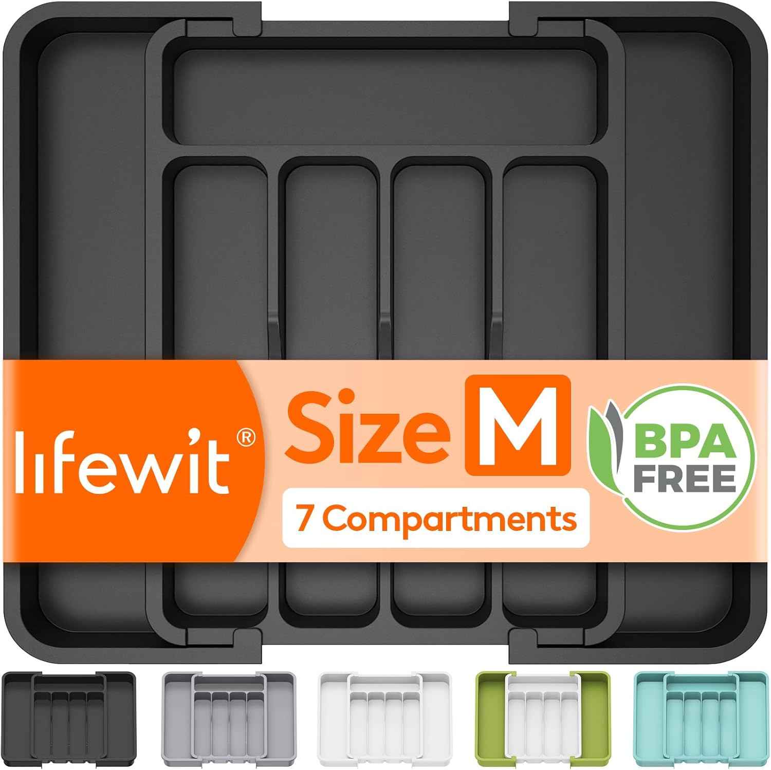 Lifewit Silverware Drawer Organizer, Expandable Utensil Tray for Kitchen, BPA Free Flatware and Cutlery Holder, Adjustable Plastic Storage for Spoons Forks Knives, 8.5-14 x 12", Black