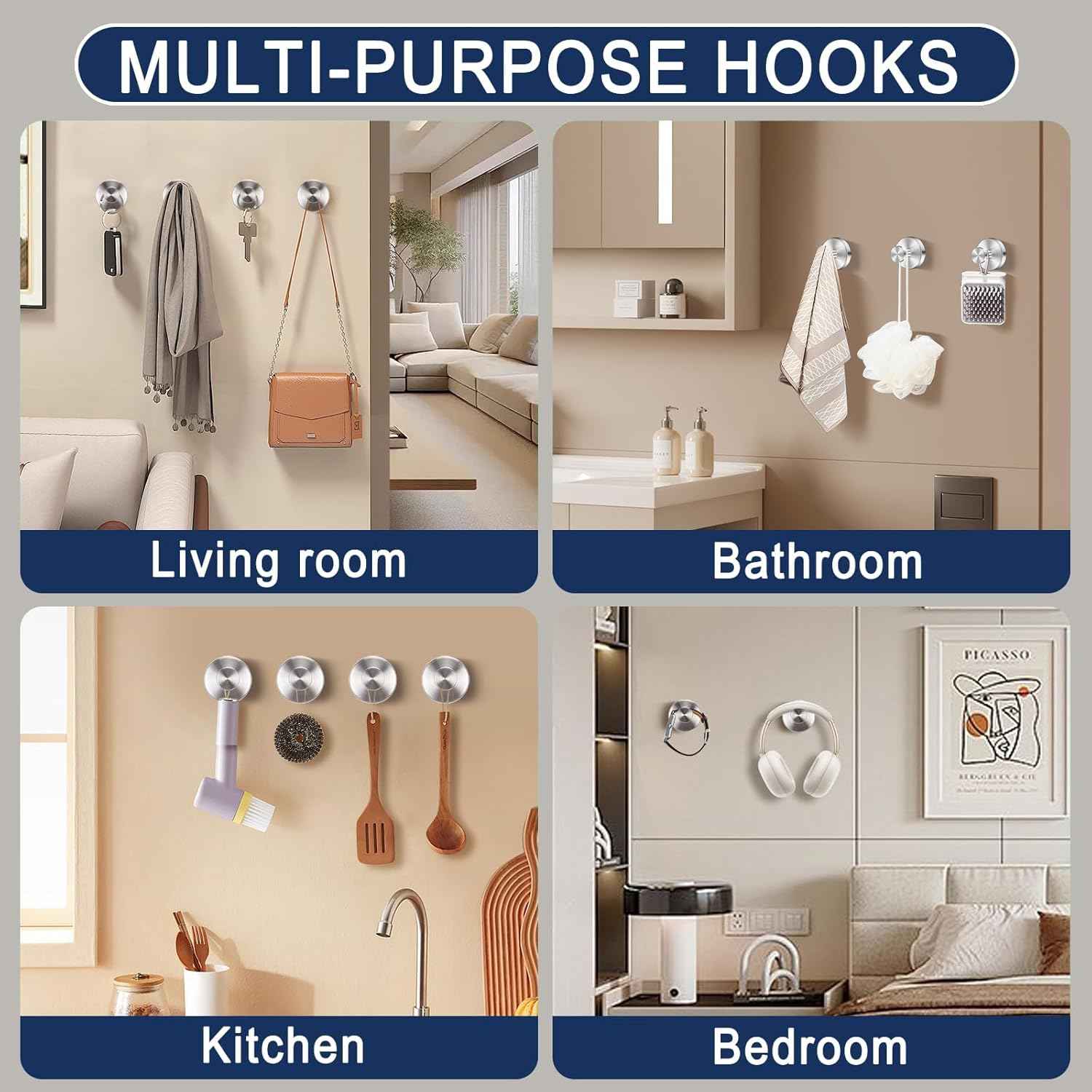 Silver Suction Cup Hooks for Shower Waterproof - Set of 4, No Drill Stainless Steel Towel Hooks for Bathroom Wall, Kitchen, Glass, Mirror, Tile - Ideal for Hanging Towels, Robes, and Loofahs