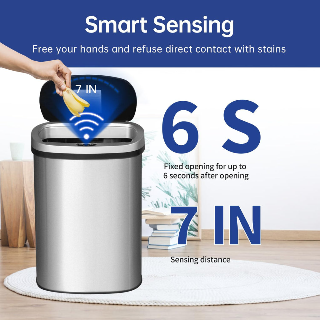 BestOffice | 13 Gallon Trash Can with Lid | Automatic Touchless Garbage Can | Odor Control | Modern Oval Design | Easy to Clean | Stainless Steel | Fits Any Kitchen, Bathroom, Office or Home