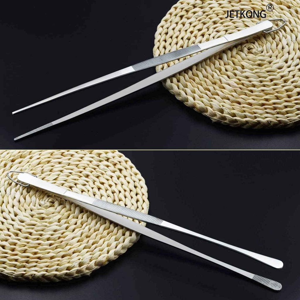 JETKONG 2 Pcs 12-Inch Kitchen Tweezers Fine Tweezer Tongs, Extra-Long Stainless Steel Cooking Tweezers (Silver)
