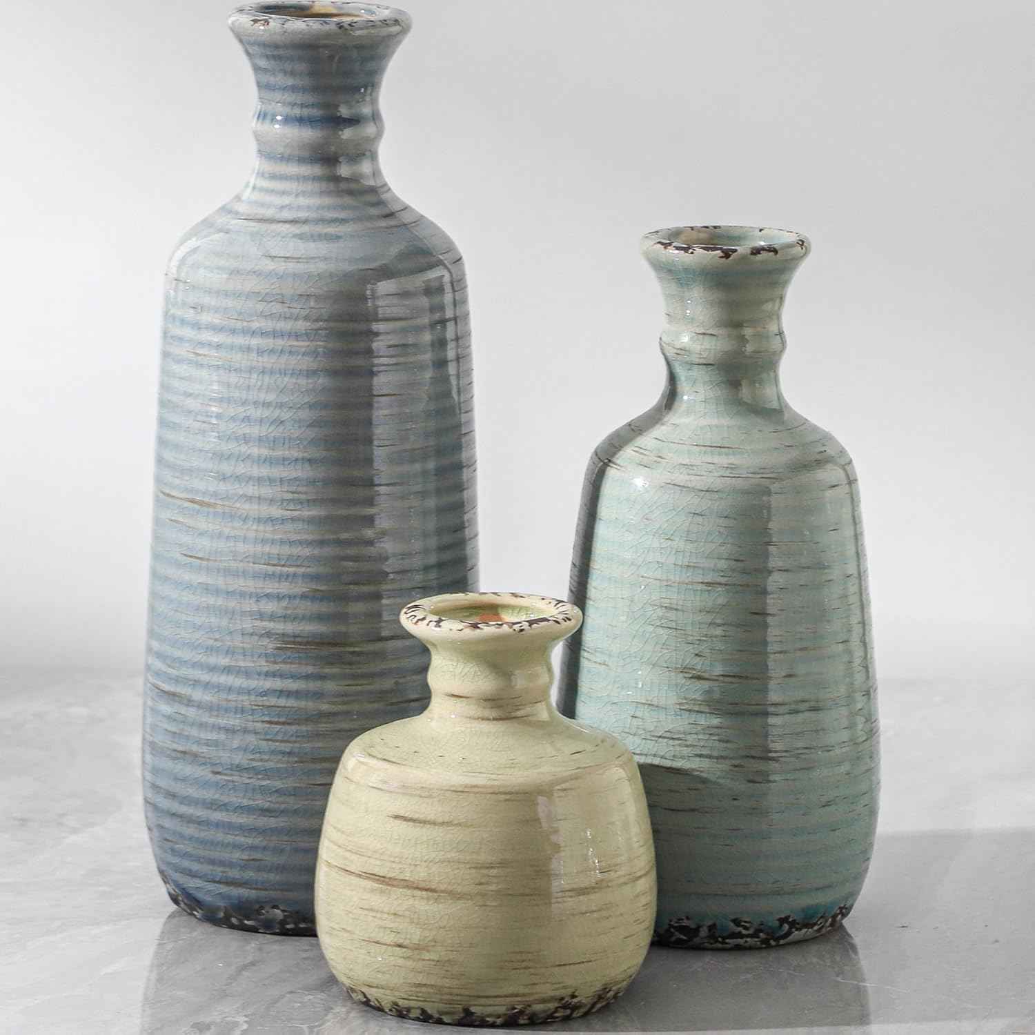 Ceramic Vases Set of 3, Neutral Rustic Farmhouse Vase with Handle, Decorative Flower Vases Home Decor Modern Boho Pampass Vase for Table Mantel Entryway Shelf Living Room Kitchen Bathroom - Brown