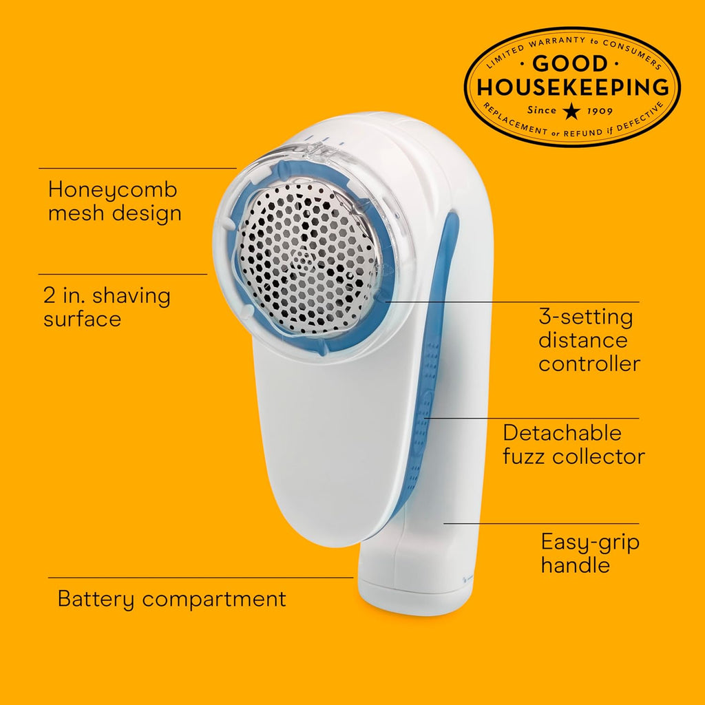 Conair Fabric Shaver and Lint Remover, Battery-Operated Portable Clothes Shaver with 3 Settings, Fuzz Remover for Sweaters, Clothing and Furniture, Large 2-Inch Shaving Head, White