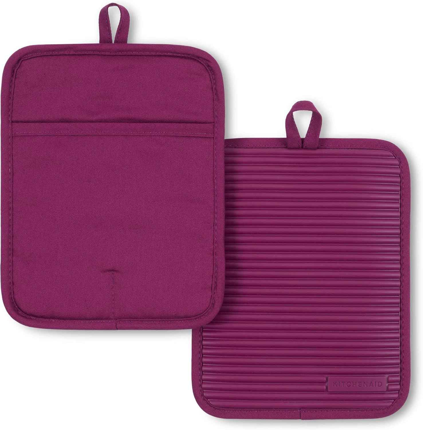 KITCHENAID Ribbed Soft Silicone Pot Holder 2-Pack Set, Matte Black, 7"x9"