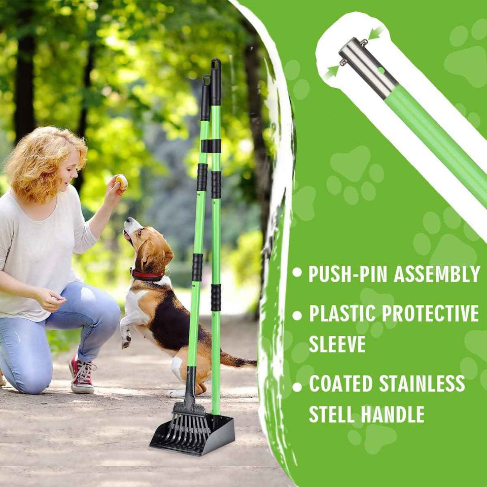 mxf pooper scooper, stainless metal tray and rake set for small dogs, heavy duty, long handle, green