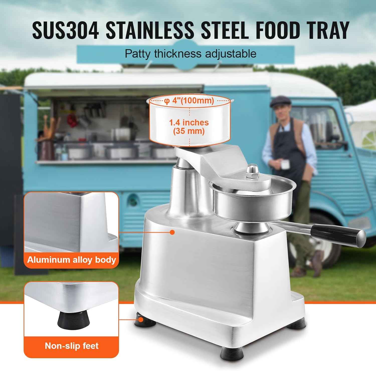 VEVOR 4inch Commercial Heavy Duty Stainless Steel Hamburger Patty Maker with 1000 Pcs Patty Papers