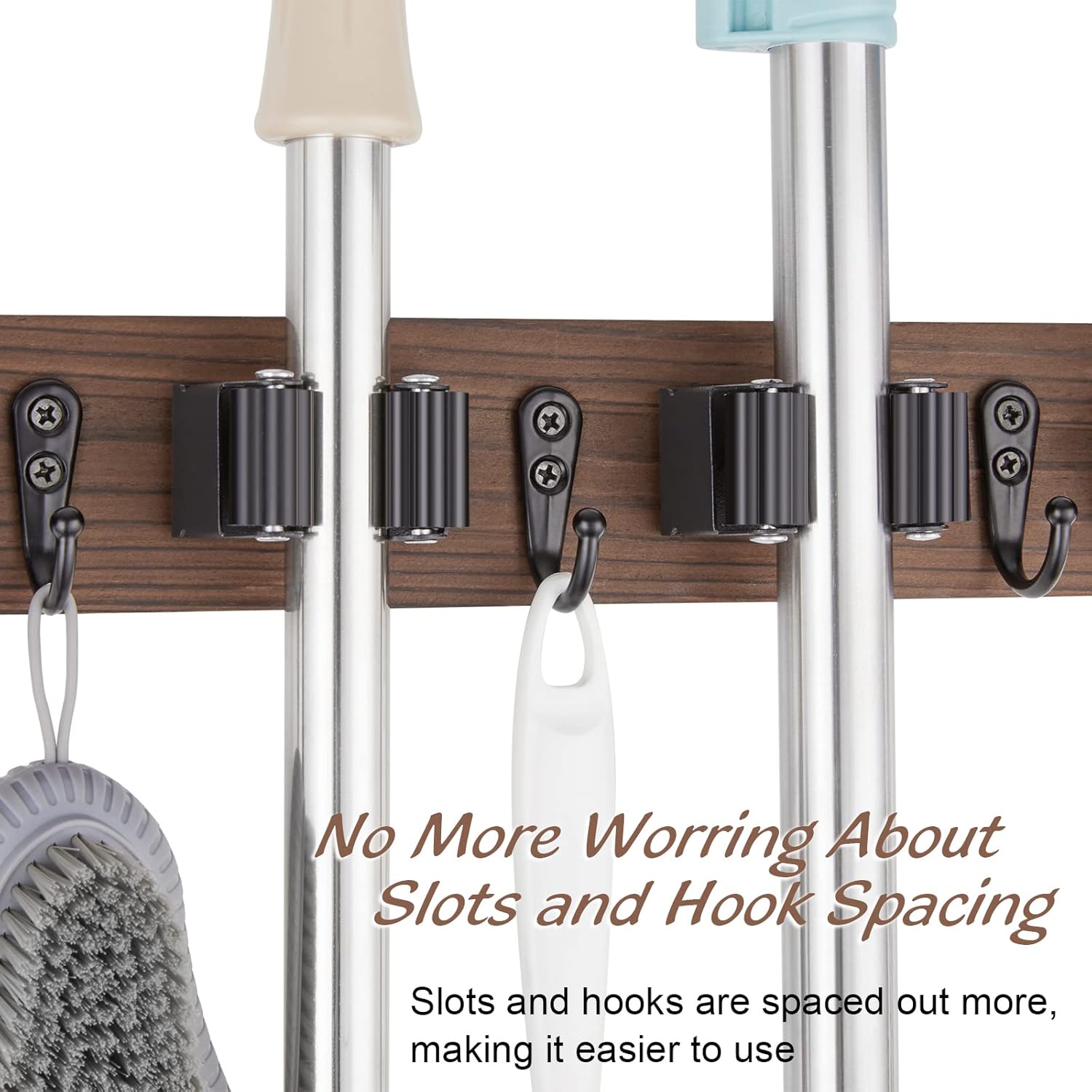 Mop and Broom Holder Wall Mount - Rustic Wood Broom Mop Hanger - Wall Mounted Garden Tool Rack Organizer for Closet Garage Laundry Room Kitchen Decor With 4 Slots & 4 Hooks - ShopUS