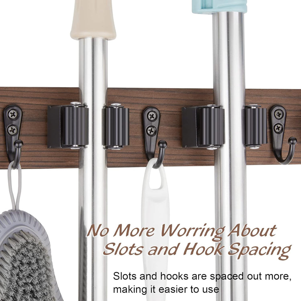 Mop and Broom Holder Wall Mount - Rustic Wood Broom Mop Hanger - Wall Mounted Garden Tool Rack Organizer for Closet Garage Laundry Room Kitchen Decor With 4 Slots & 4 Hooks - ShopUS