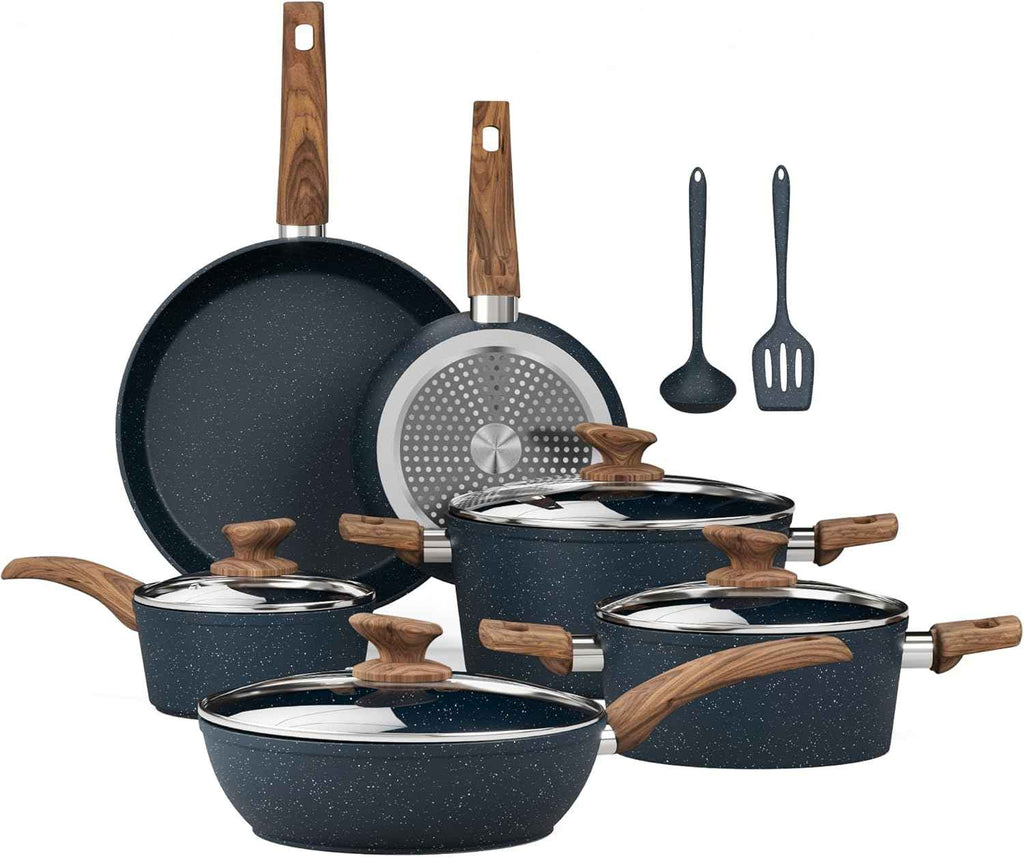 Kitchen Academy Induction Pots and Pans Set Non Stick - 12 Piece Granite Cookware Set, Black Kitchen Nonstick Cooking Pans Set