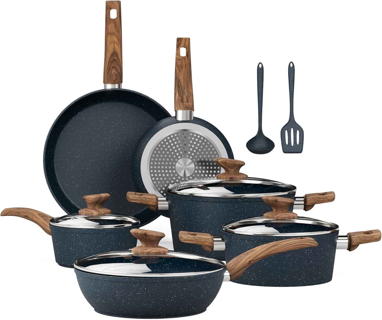 Kitchen Academy Induction Pots and Pans Set Non Stick - 12 Piece Granite Cookware Set, Black Kitchen Nonstick Cooking Pans Set