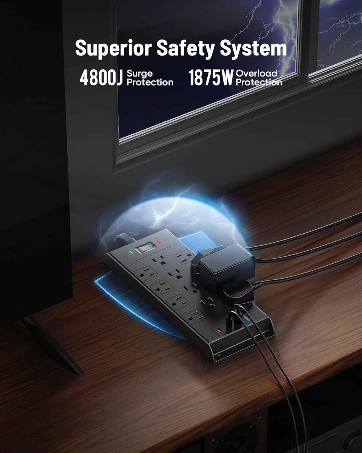 LeZone 10Ft Surge Protector Power Strip 4800J, Black, 12 Outlets, 2 USB C, 2 USB Ports, Wall Mountable