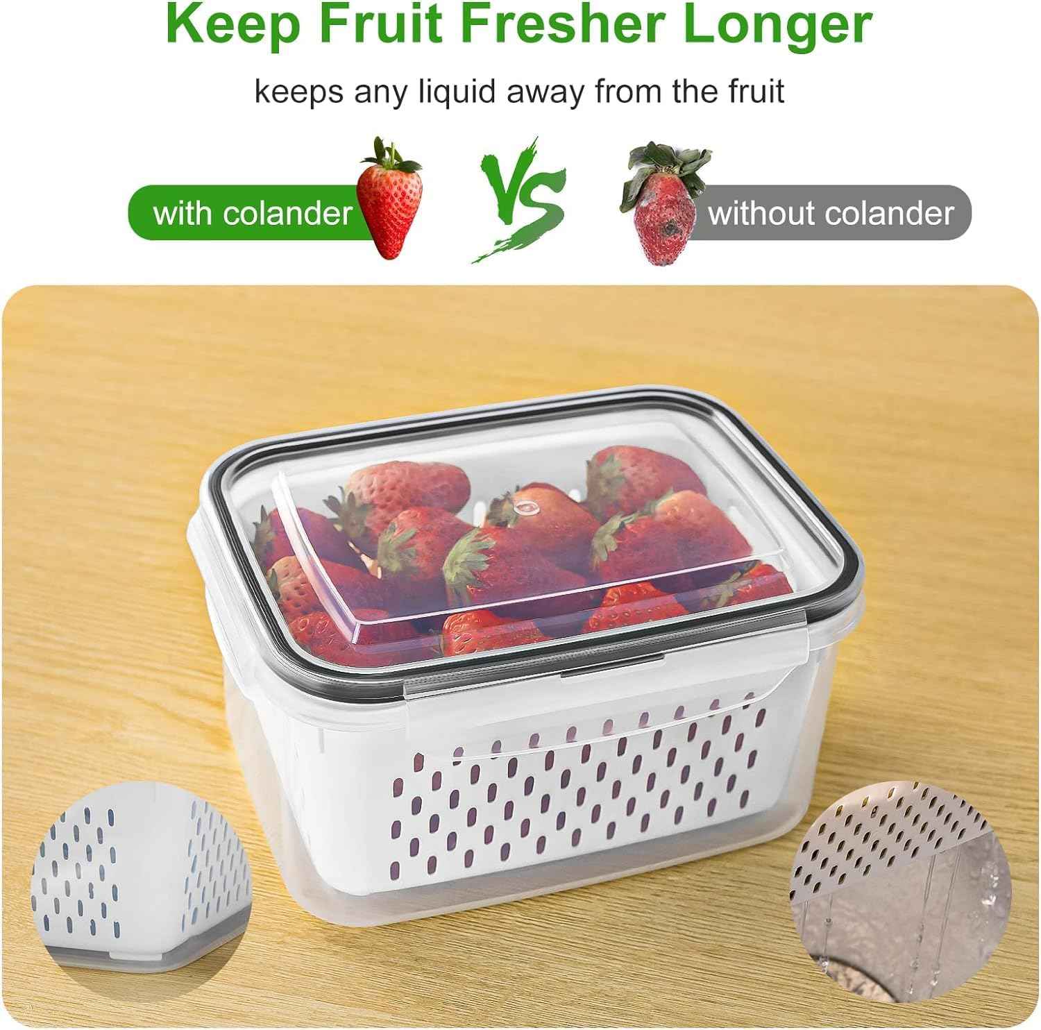 Fruit Storage Containers for Fridge with Removable Colander, Airtight Food Storage Container, Dishwasher Safe Produce Saver for Refrigerator, 4 PCS Small Clear