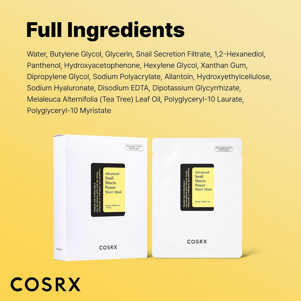 cosrx snail mucin sheet mask 10ea, 35000ppm snail mucin, self care, dry sensitive skin, cruelty free