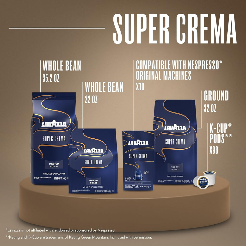 Lavazza Super Crema whole bean coffee, medium espresso roast, Arabica and Robusta blend, 2.2 lb bag
