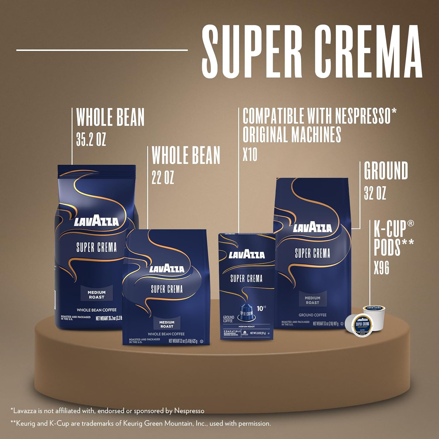Lavazza Super Crema whole bean coffee, medium espresso roast, Arabica and Robusta blend, 2.2 lb bag