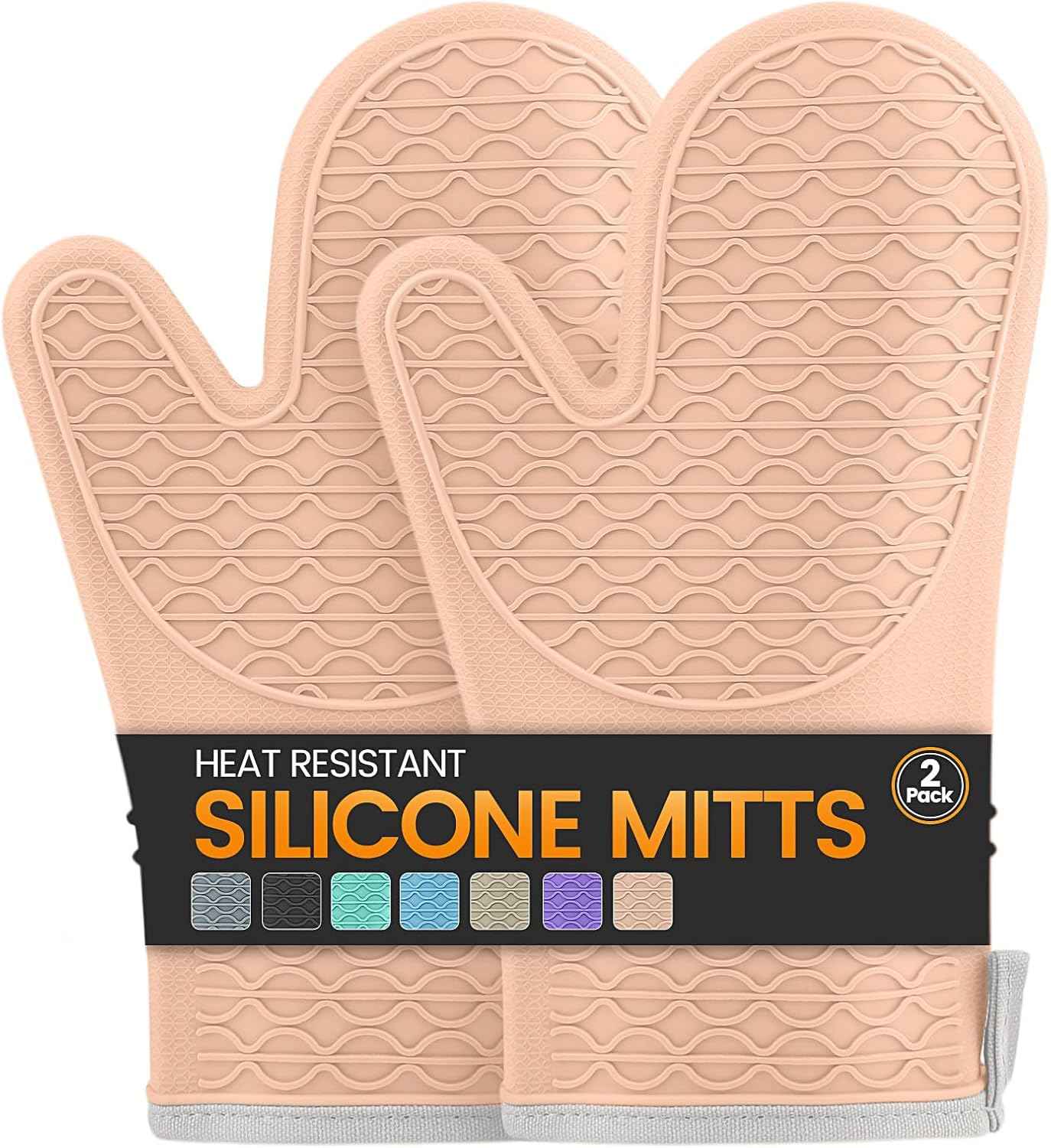 Silicone Oven Mitts, Heat Resistant 2PCS Oven Mitts with Soft Cotton Lining, Waterproof Non-Slip Grip Oven Glove, Kitchen Potholder Mits for BBQ, Baking, Cooking, 12.5 Inch - Grey