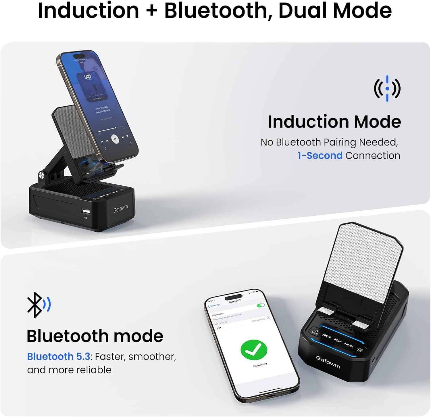 Cell phone stand with instant wireless induction Bluetooth speaker and no pairing needed