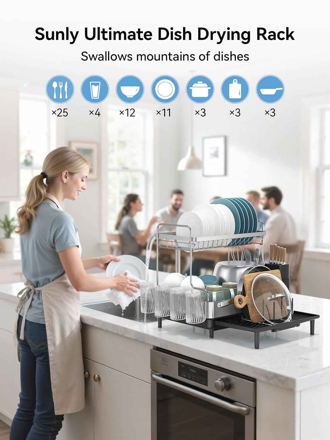 SUNLY 2 Tier Extra Large Dish Drying Rack, Expandable for Kitchen Counter, Multifunctional, Black