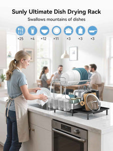 SUNLY 2 Tier Extra Large Dish Drying Rack, Expandable for Kitchen Counter, Multifunctional, Black