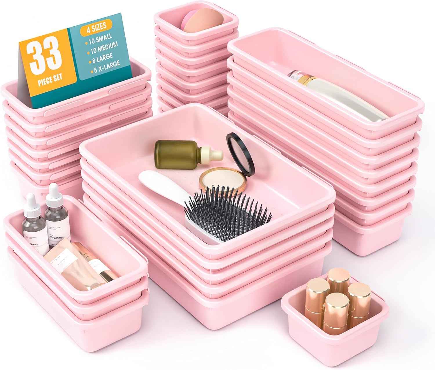 10 PCS Drawer Organizer Set, 4 Size Makeup Drawer Divider Organizer With Non-Slip Pads, Interlocking Plastic Storage Bins for Office,Jewelry Vanity,Gadgets, Bathroom,Kitchen, Black