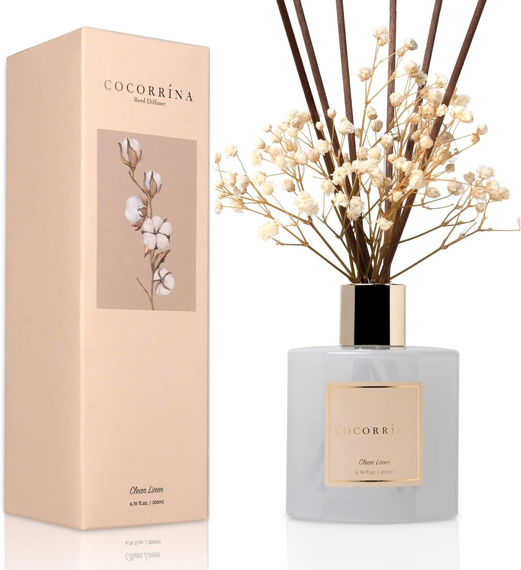 Cocorrína Reed Diffuser Set, Clean Linen 6.7 fl oz Scented Diffuser with Sticks Home Fragrance Reed Diffuser for Bathroom Shelf Decor