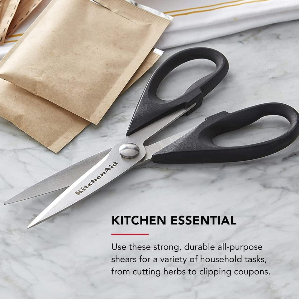 KitchenAid All PLrpose Kitchen Shears with Protective Sheath Durable Stainless Steel Scissors, Dishwasher Safe, Soft Grip Comfort Handle, 8.72 Inch, Black