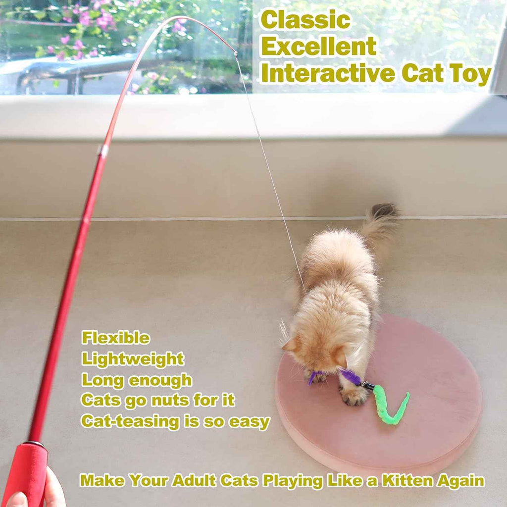 meohui 2pcs retractable cat fishing pole toy set with 9pcs cat feather toys refills