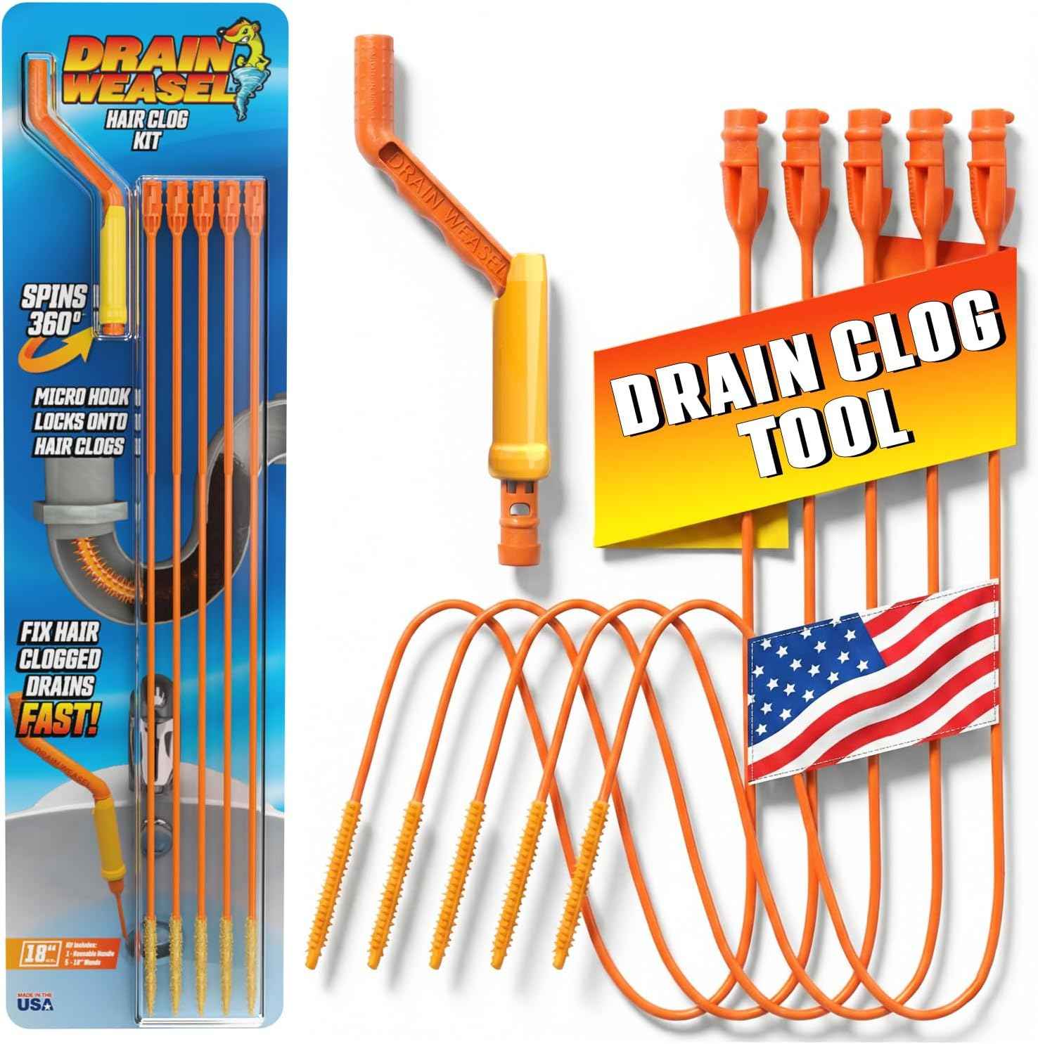 FlexiSnake 18-inch USA-made drain snake for hair clog removal with 5 wands and removable handle