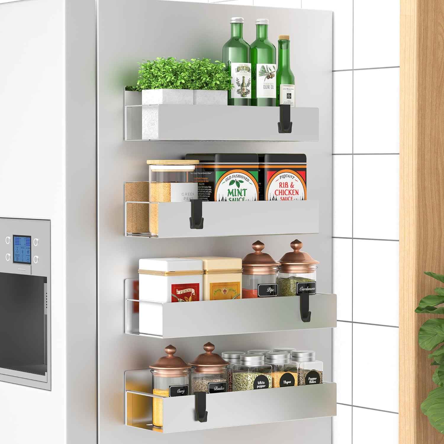 Metal 4 Pack Magnetic Spice Storage Rack Organizer for Refrigerator and Oven, Black Fridge Organizers and Storage