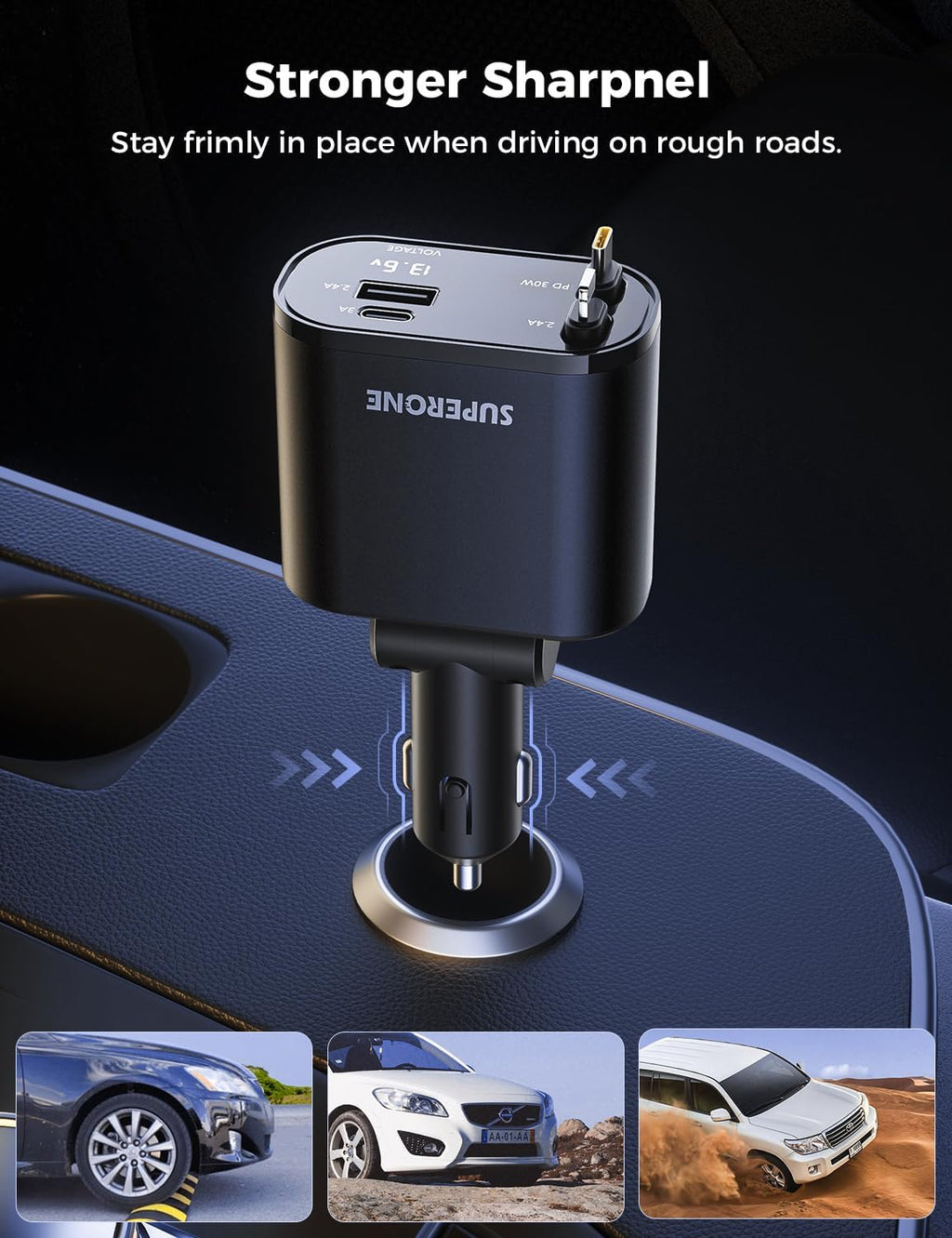 ‹ېUpgraded‹ÛÔ SUPERONE Retractable Car Charger 4 in 1, Fast Car Phone Charger with Cord 2.6ft, USB C and Apple Car Adapter, Compatible with iPhone 17 16 15/15 Pro Max/14/13/12/11, Galaxy, Pixel - ShopUS