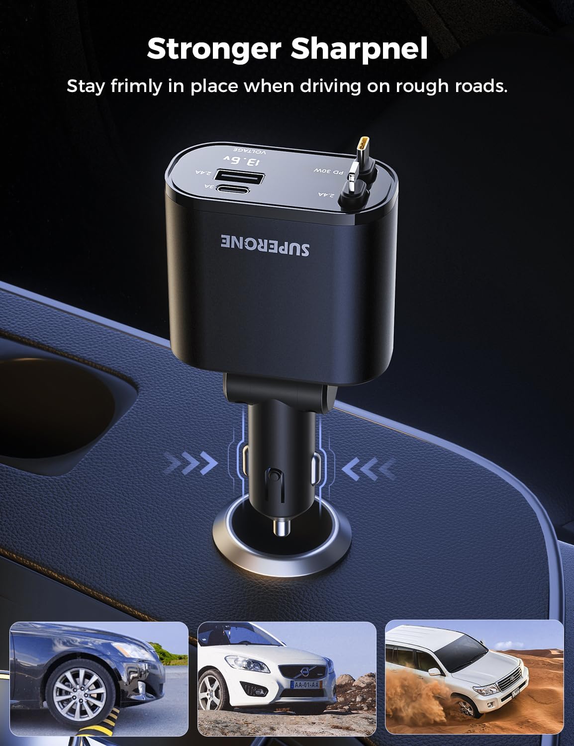‹ېUpgraded‹ÛÔ SUPERONE Retractable Car Charger 4 in 1, Fast Car Phone Charger with Cord 2.6ft, USB C and Apple Car Adapter, Compatible with iPhone 17 16 15/15 Pro Max/14/13/12/11, Galaxy, Pixel - ShopUS