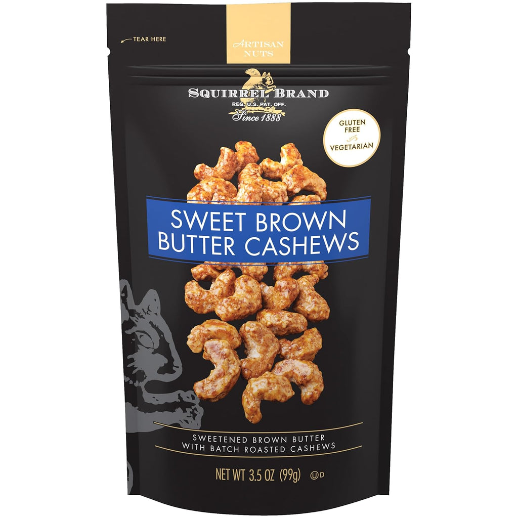 squirrel brand sweet brown butter cashews 3.5 ounces gluten free vegetarian resealable bag