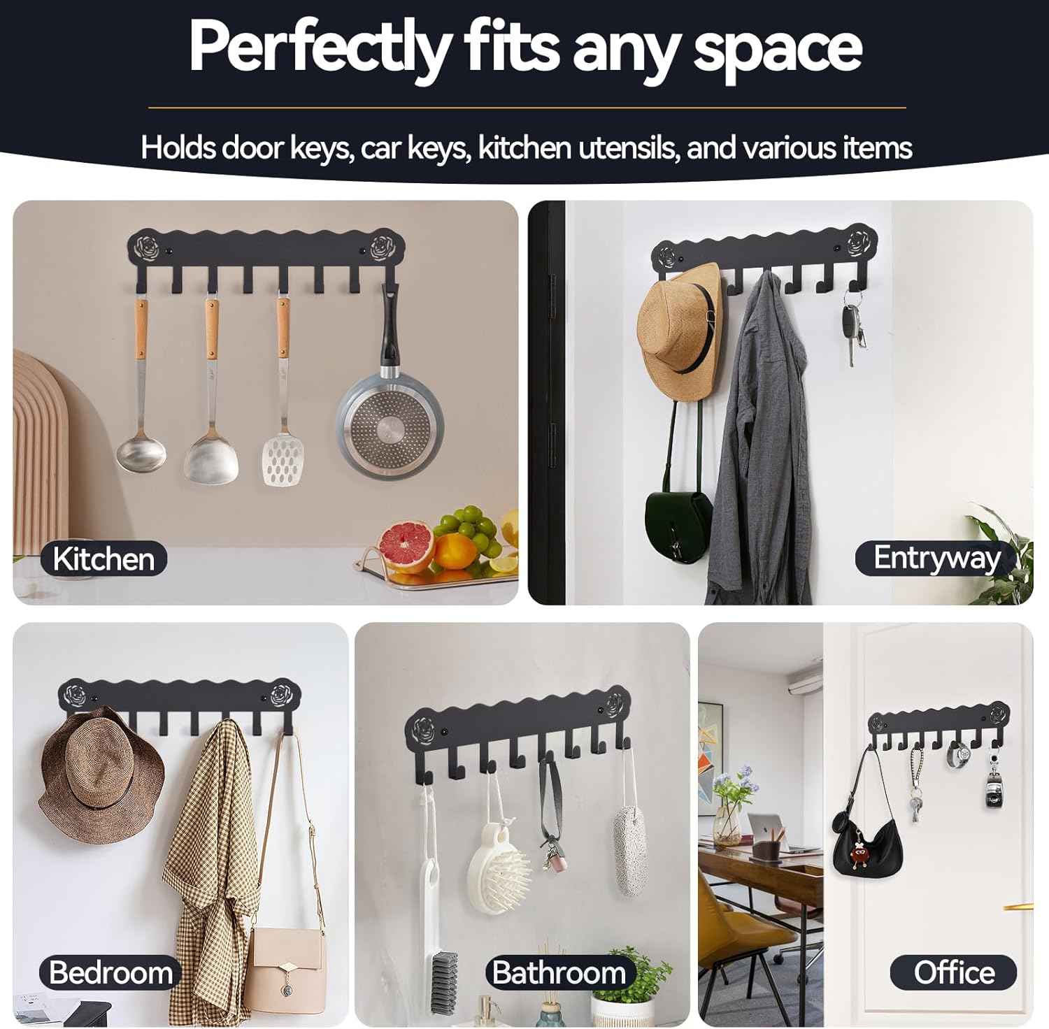Key Holder Hooks Organizer Hanger Rack Wall Mounted with 8 Hooks, Adhesive Key Holder for Wall, No Drill Modern Key Holder Wall Mount, for Entryway, Kitchen, Hallway, RV Decor （Medium）