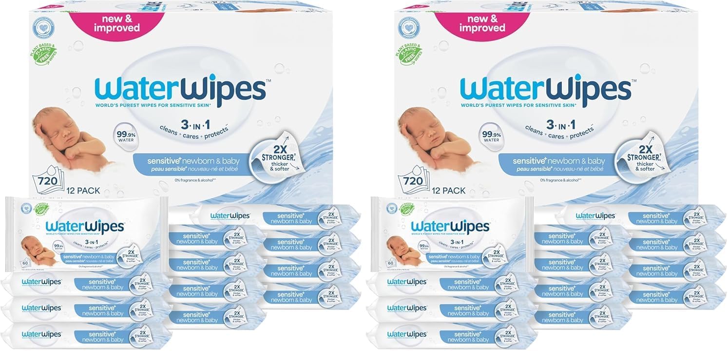 WaterWipes Sensitive+ Newborn & Baby Wipes, 3-in-1 cleans, cares, protects, 99.9% water, unscented & hypoallergenic, 60 count, 2x stronger, thicker & softer