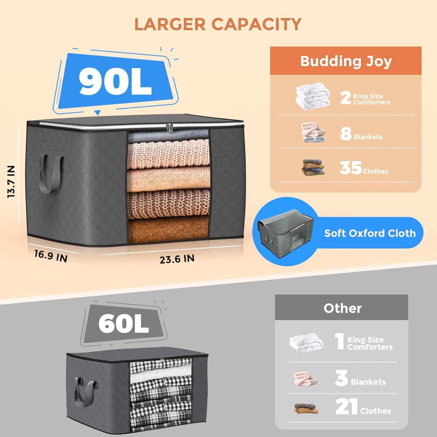 6 Pack Large Foldable Storage Bins with Reinforced Handle for Clothing and Toys (Gray)
