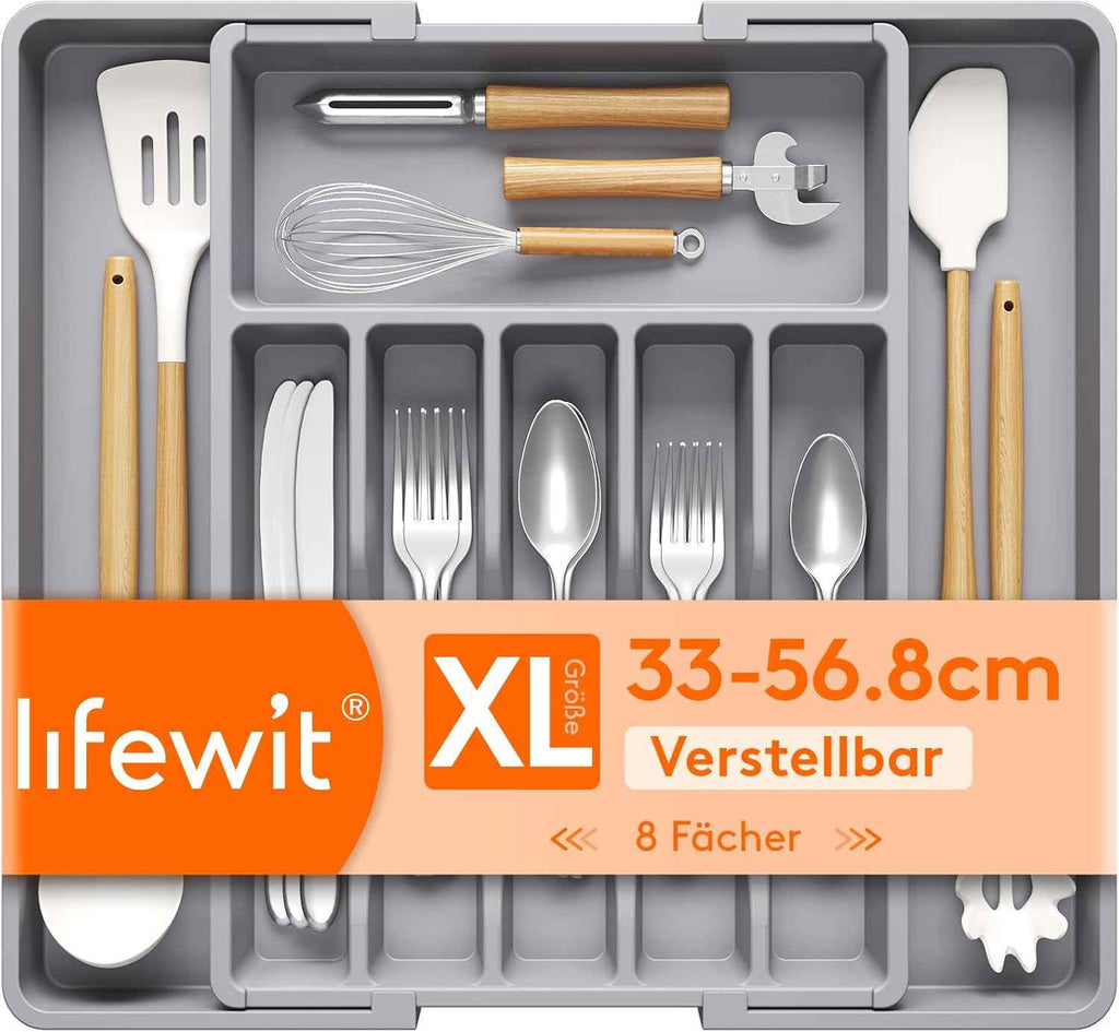 Lifewit Silverware Drawer Organizer, Expandable Utensil Tray for Kitchen, BPA Free Flatware and Cutlery Holder, Adjustable Plastic Storage for Spoons Forks Knives, 8.5-14 x 12", Black