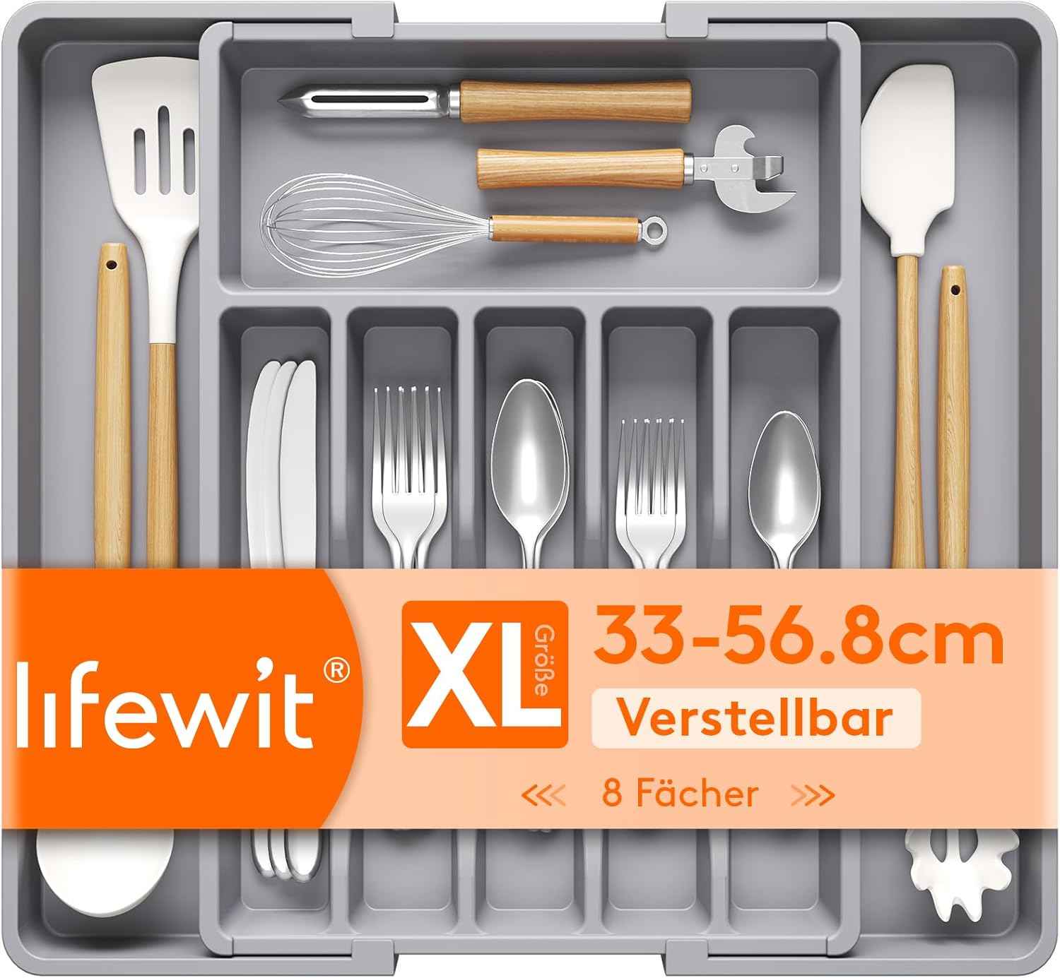 Lifewit Silverware Drawer Organizer, Expandable Utensil Tray for Kitchen, BPA Free Flatware and Cutlery Holder, Adjustable Plastic Storage for Spoons Forks Knives, 8.5-14 x 12", Black