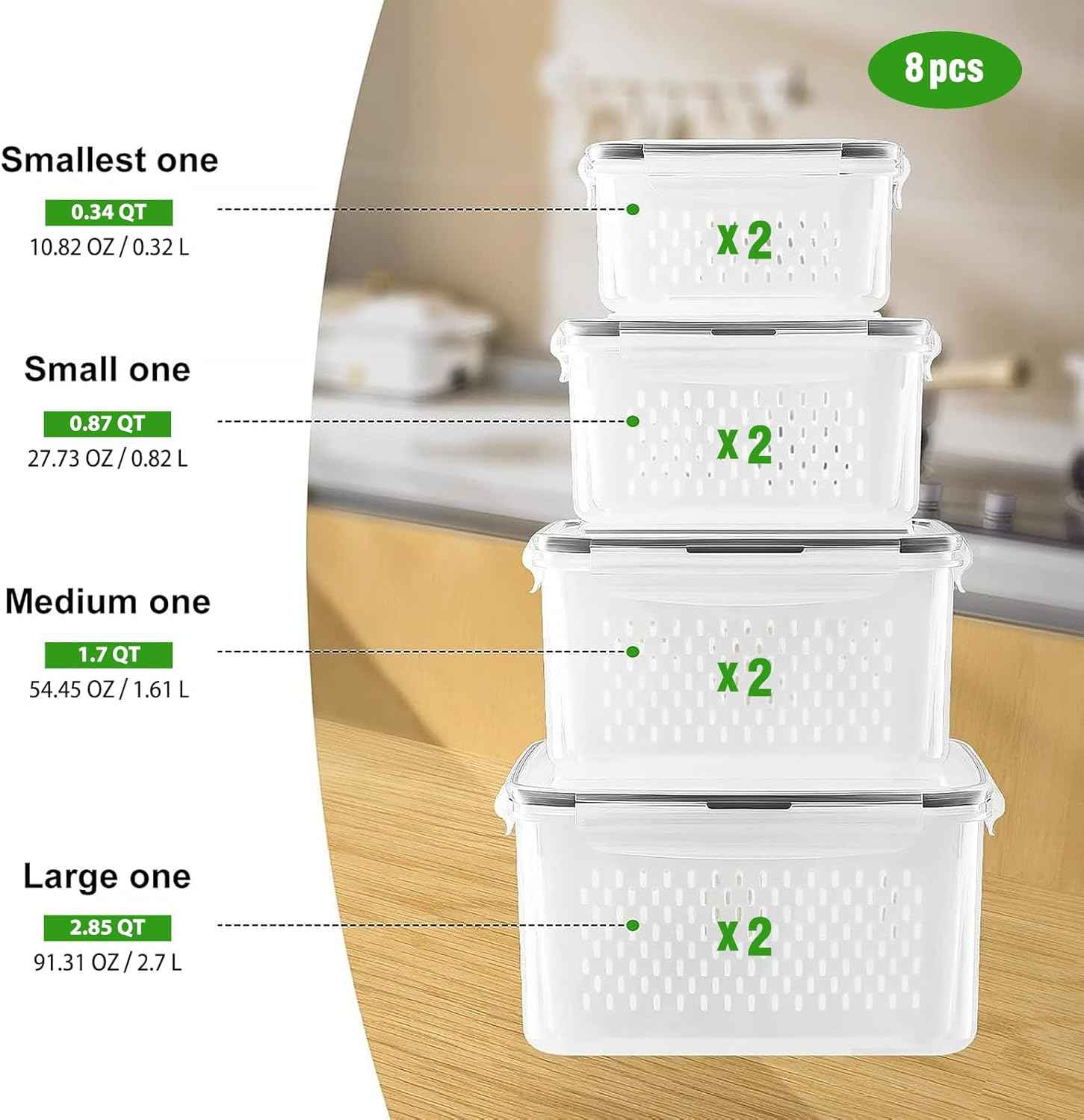 Fruit Storage Containers for Fridge with Removable Colander, Airtight Food Storage Container, Dishwasher Safe Produce Saver for Refrigerator, 4 PCS Small Clear