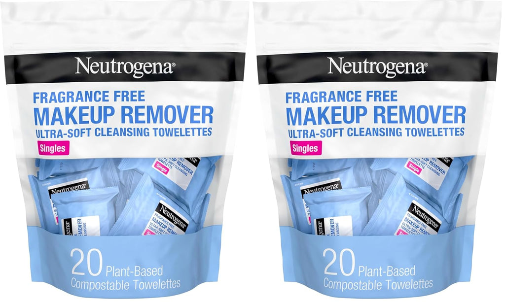 Neutrogena daily makeup remover wipes, 20 count, single face cleansing towelettes, alcohol-free, 100% plant-based