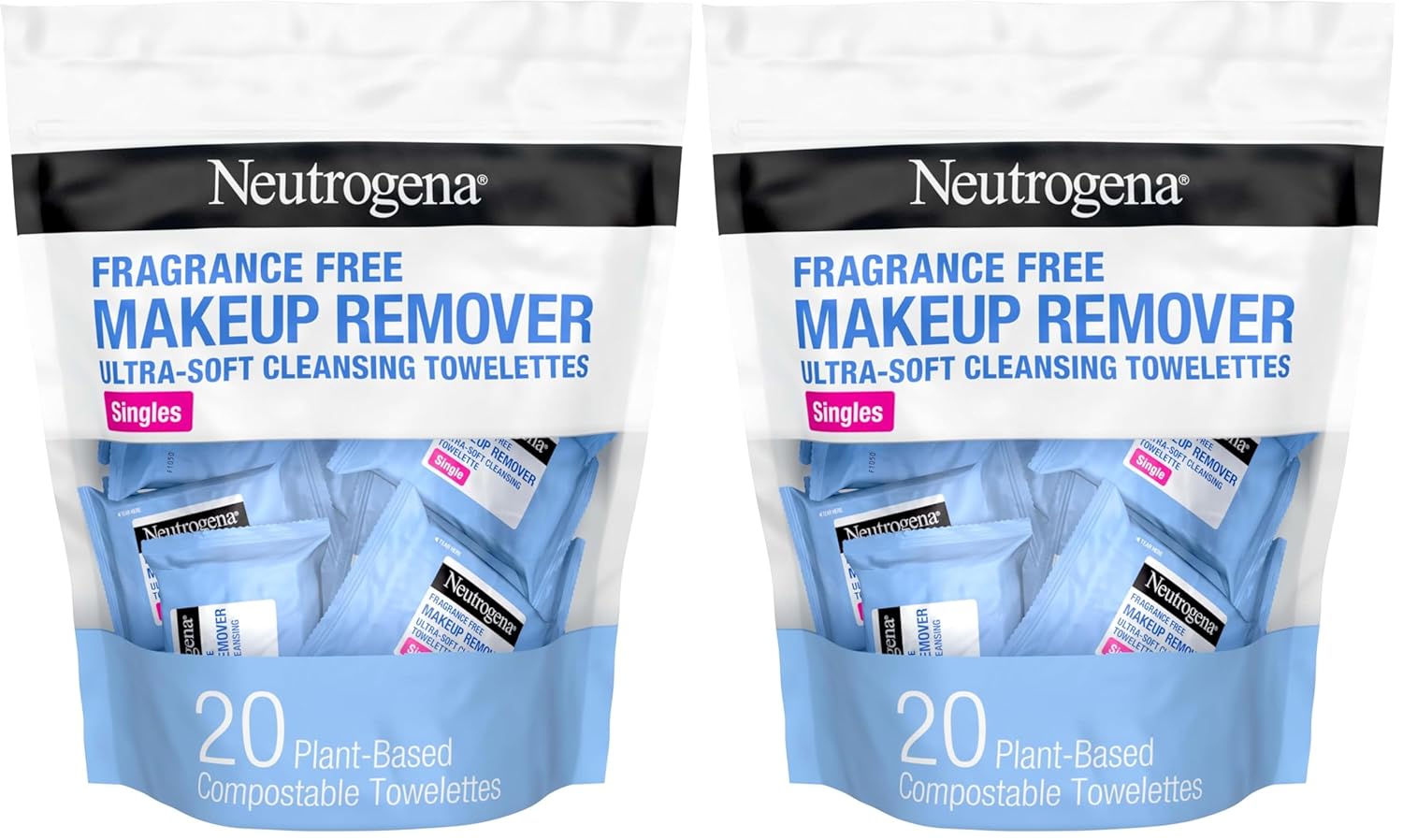 Neutrogena daily makeup remover wipes, 20 count, single face cleansing towelettes, alcohol-free, 100% plant-based