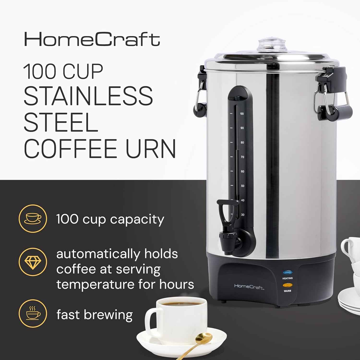 homecraft stainless steel 100-cup coffee urn with dripless faucet and quick-brewing