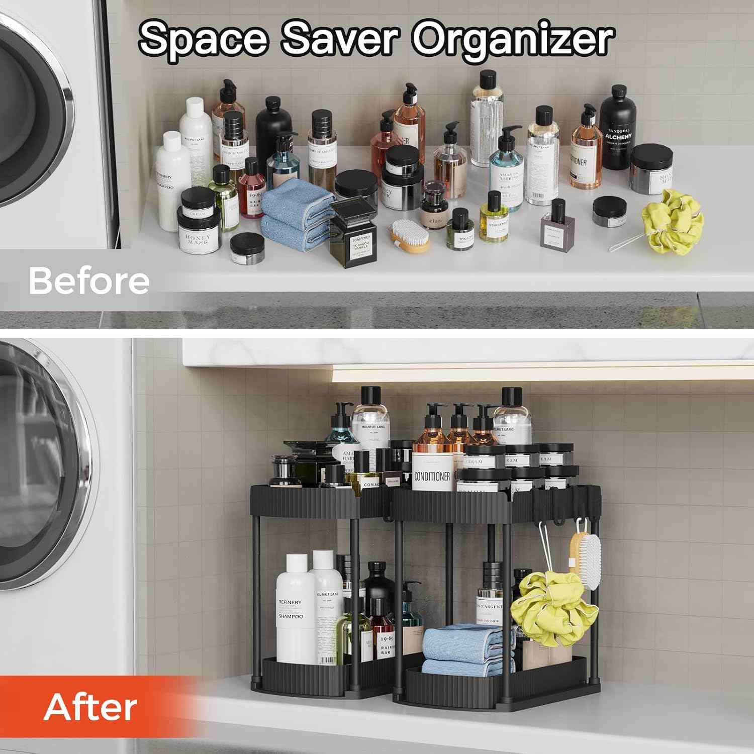 Versatile Under-Sink Organizers: 12.8" Black Pullout Storage for Bathroom & Kitchen, 2-Pack