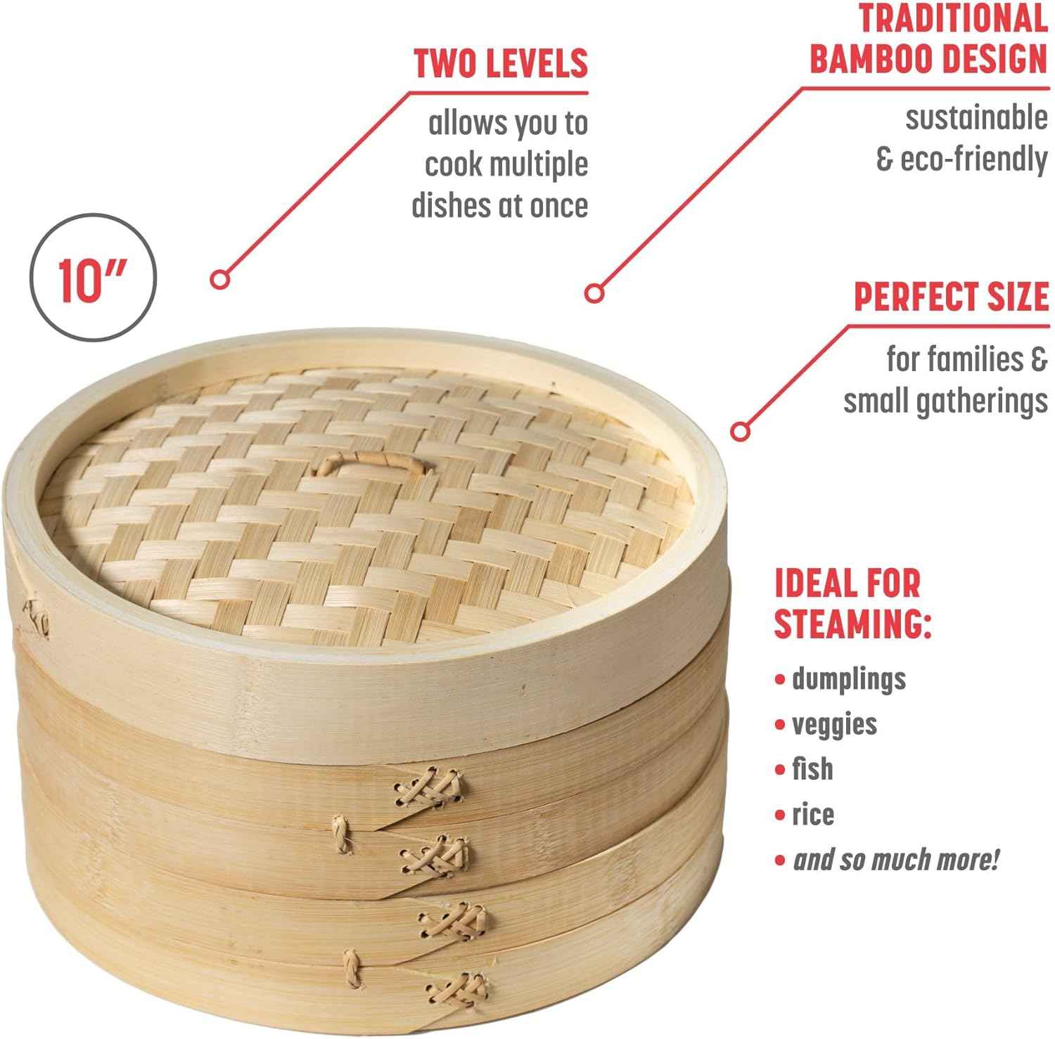 Joyce Chen 2-Tier Bamboo Steamer Baskets, 10-Inch, Non-Stick, Stackable, Easy to Clean, Perfect for Dumplings and Vegetables