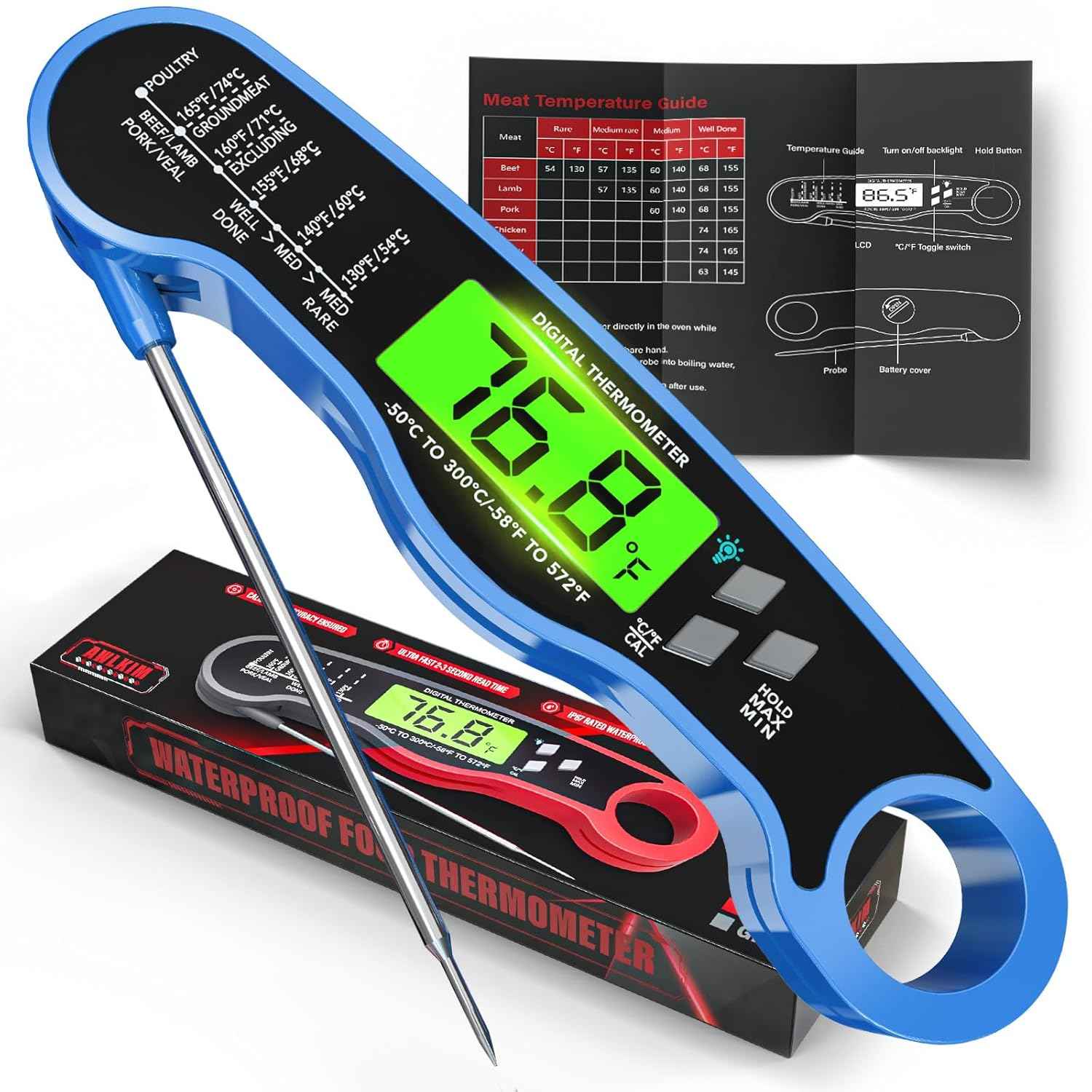Meat Thermometer Digital - Instant Read Waterproof Food Thermometer with Backlight for Cooking, Grill, Candy, Kitchen & Stocking Stuffers for Men - Red