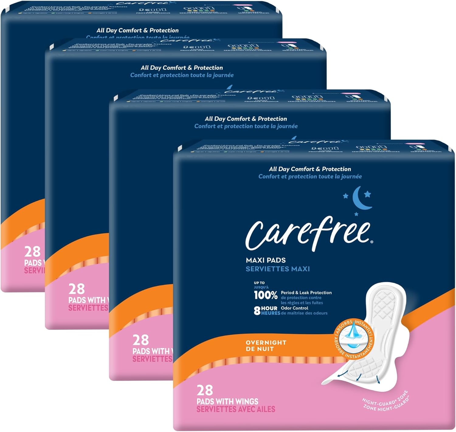 carefree maxi overnight pads with wings 28ct feminine care protection